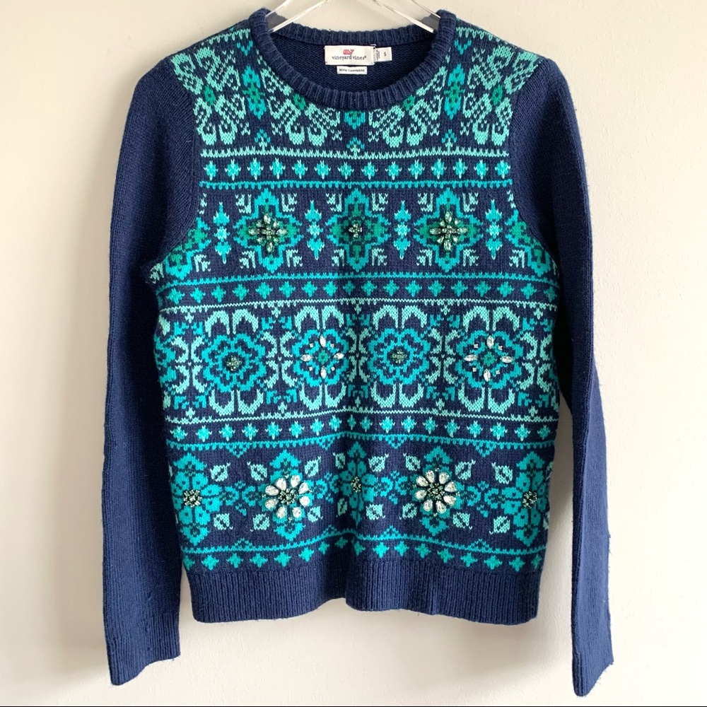 Vineyard Vines Floral Fairisle Sweater Wool Cashmere Crystal embellished